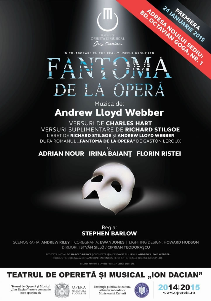 ,,Fantoma de la Opera" va avea premiera națională pe 24 ianuarie, la Teatrul de Operetă și Musical ,,Ion Dacian"
