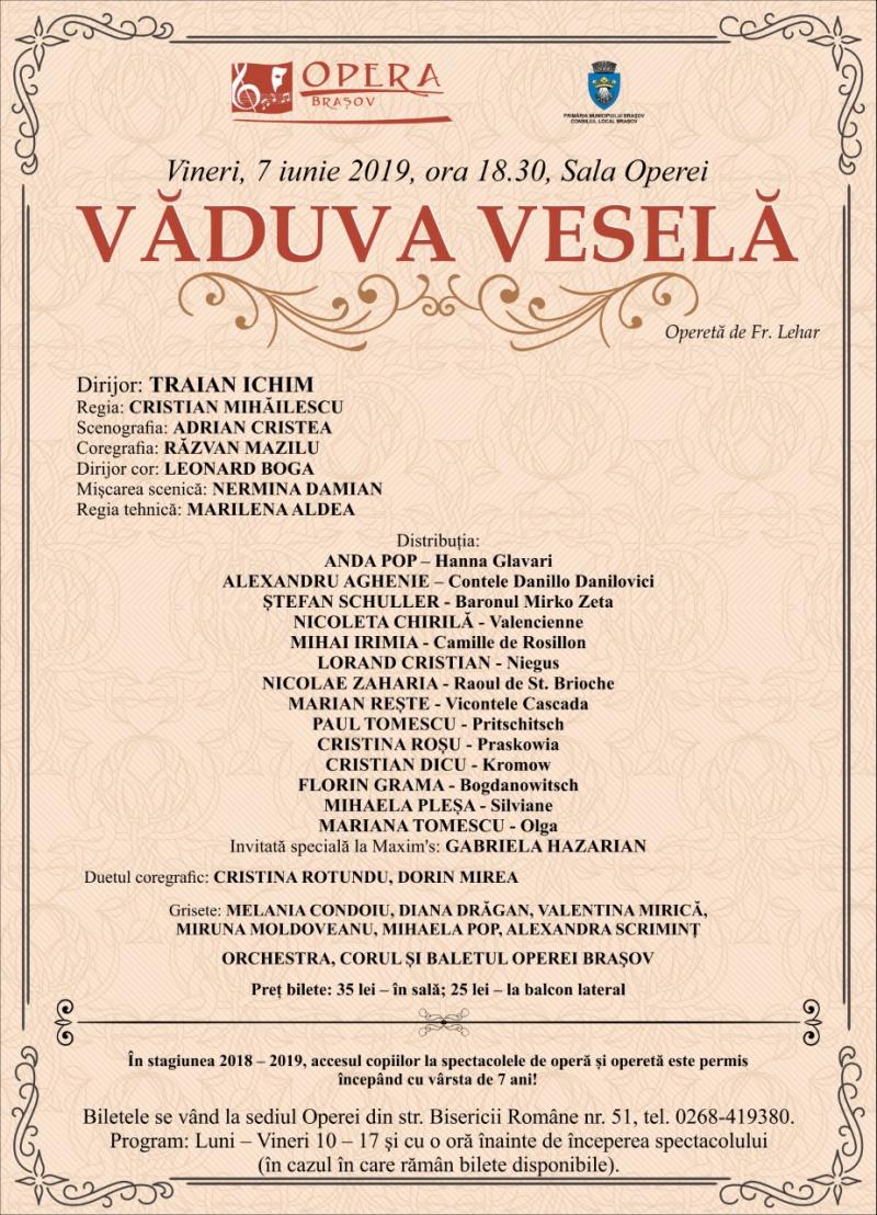 "Văduva veselă", vineri la Opera Brașov