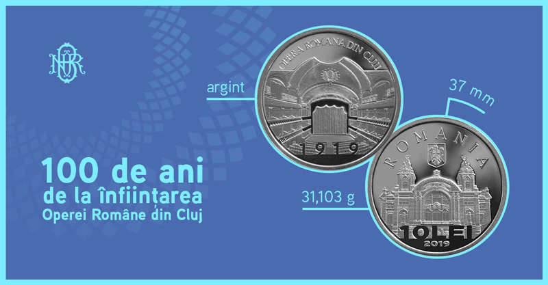Monedă din argint cu tema "100 de ani de la înfiinţarea Operei Române din Cluj-Napoca"