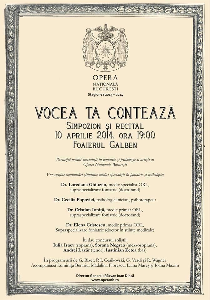 "Vocea ta contează" - simpozion și recital la Opera Națională București